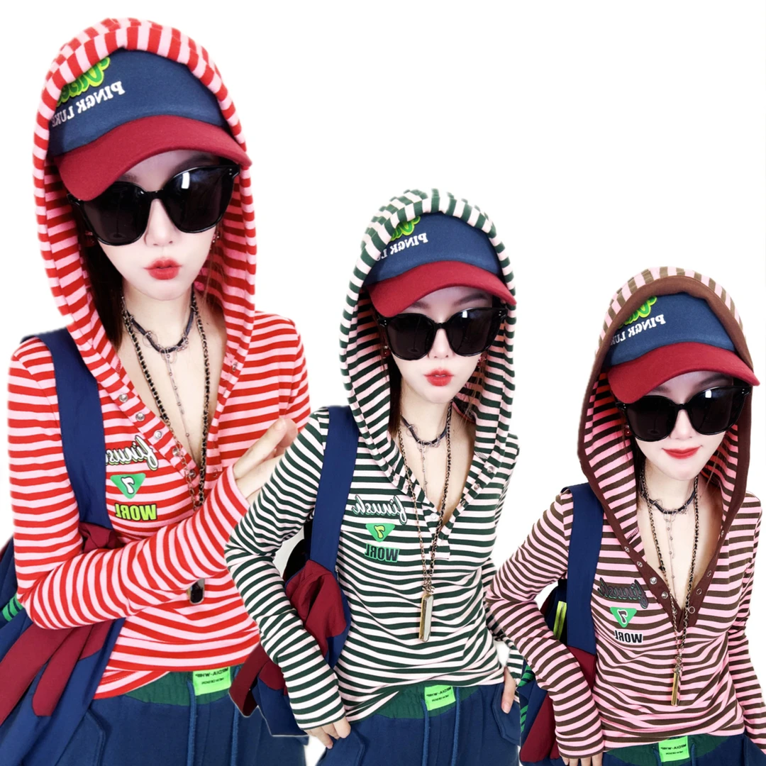 A240时尚休闲洋气百搭打底衫高弹澳绒条纹长袖连帽T恤女加厚加绒