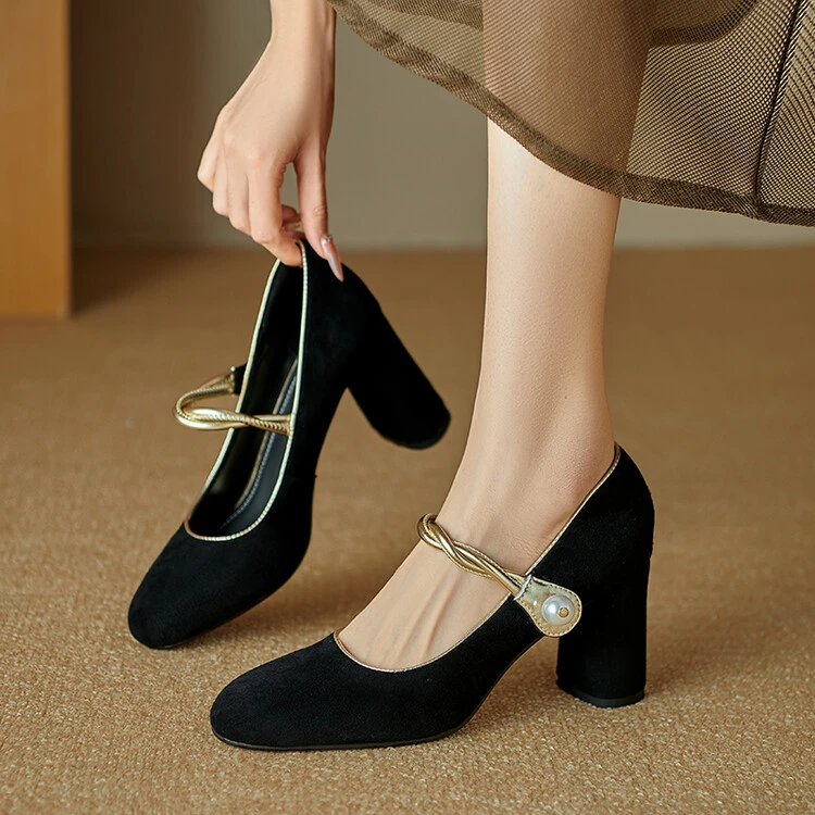 蒙娜丽莎&D2461里外全皮单鞋，金属拼色玛丽珍一字带单鞋，圆头粗