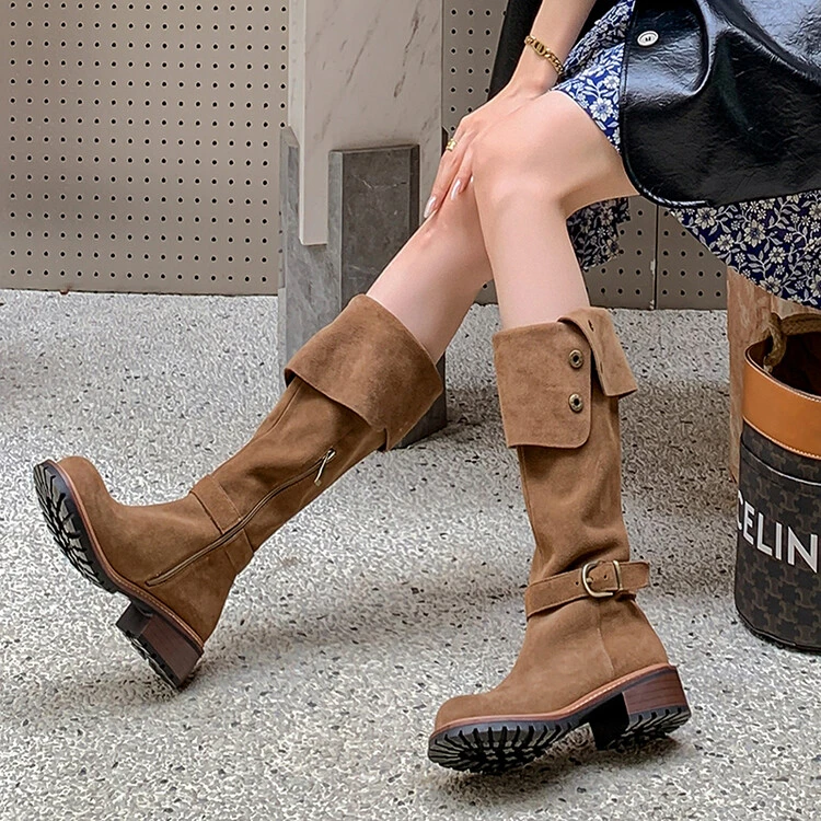 MoMo&M28222时装靴牛翻皮优质女鞋 粗跟时装靴时装靴高筒