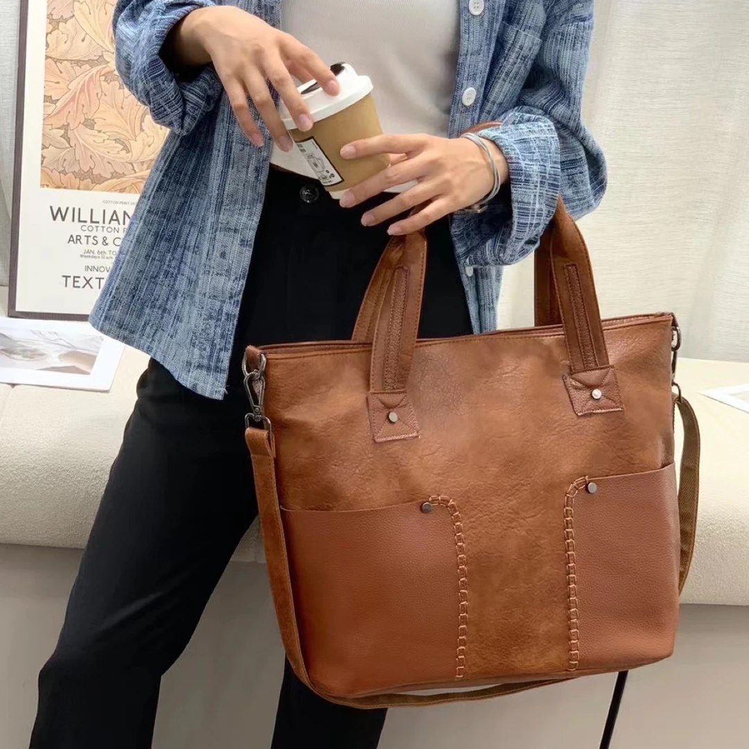 大号托特包单肩包女2023新款牛皮质感大容量休闲复古风原创斜挎包