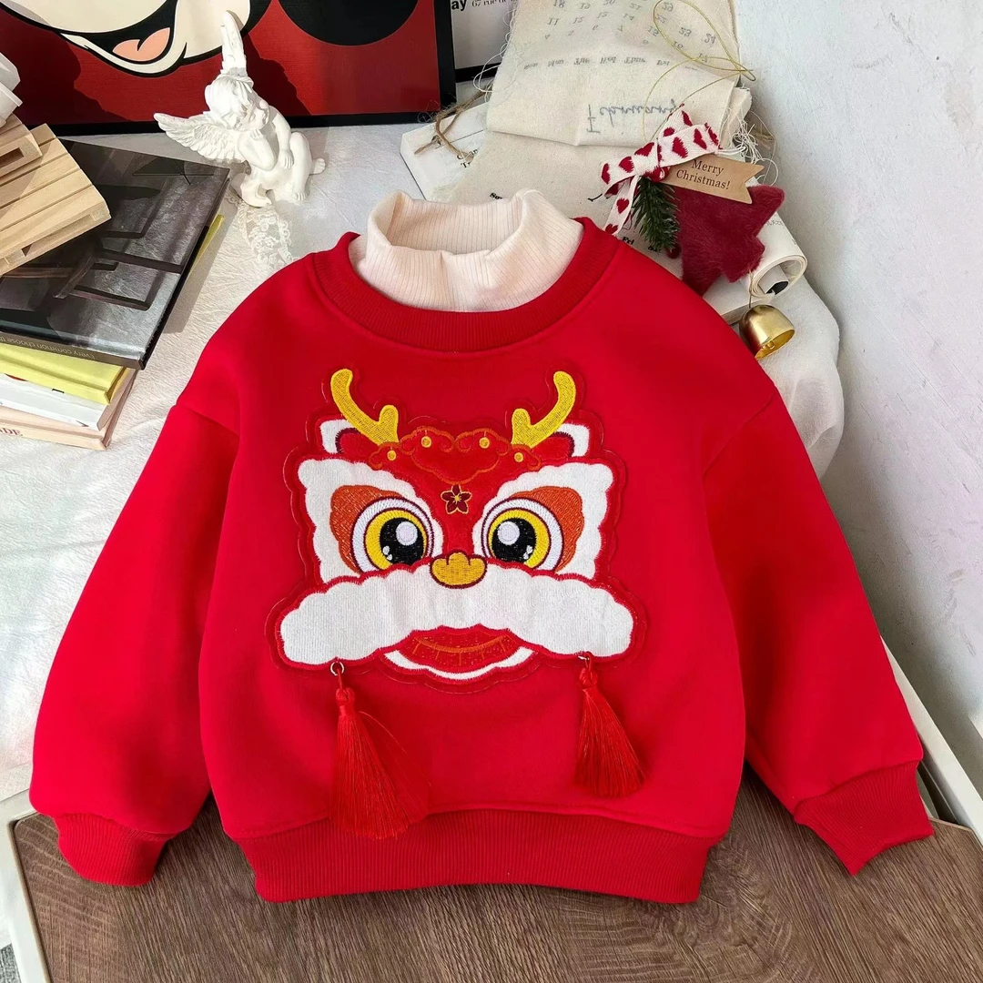 新年红色过年宝宝服儿童冬季加绒加厚保暖大红流苏刺绣喜庆衣卫