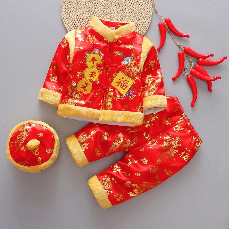宝宝婴儿国风拜年服唐装秋冬季过年冬装儿童0-1岁加厚红色礼服