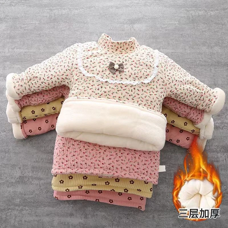女童卫衣加绒秋冬2023新款女宝宝棉服小童洋气加厚儿童装冬装上衣
