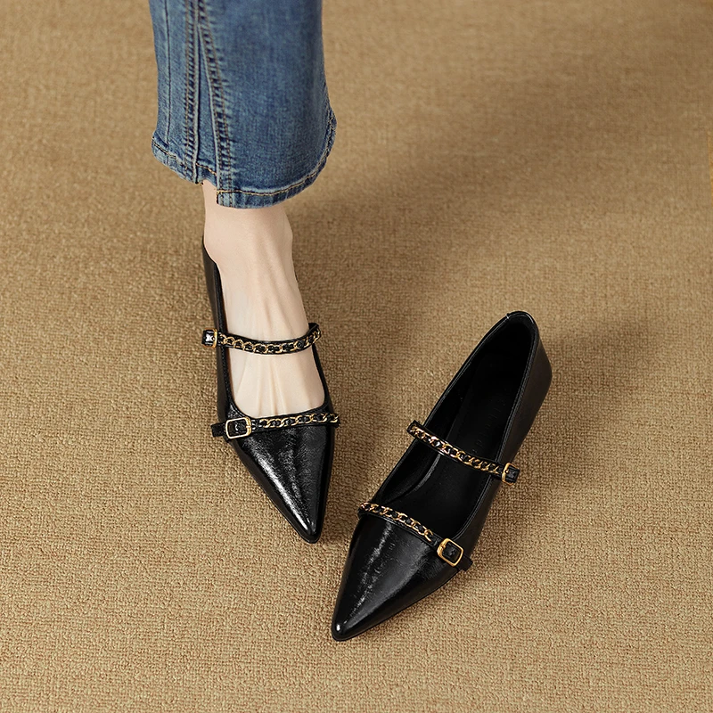 春秋新款女鞋浅口链条平底单鞋时尚百搭一字扣带尖头玛丽珍鞋低跟