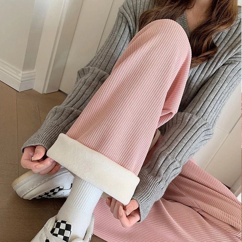 【冷碗碗】加绒休闲裤女秋冬新款高腰垂感直筒阔腿裤加长版针织裤