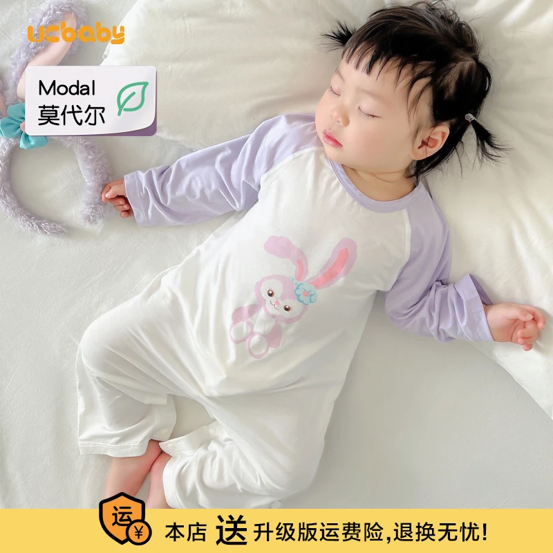 婴儿睡衣莫代尔夏季薄款宝宝空调服长袖睡袋女童家居服连体衣一岁