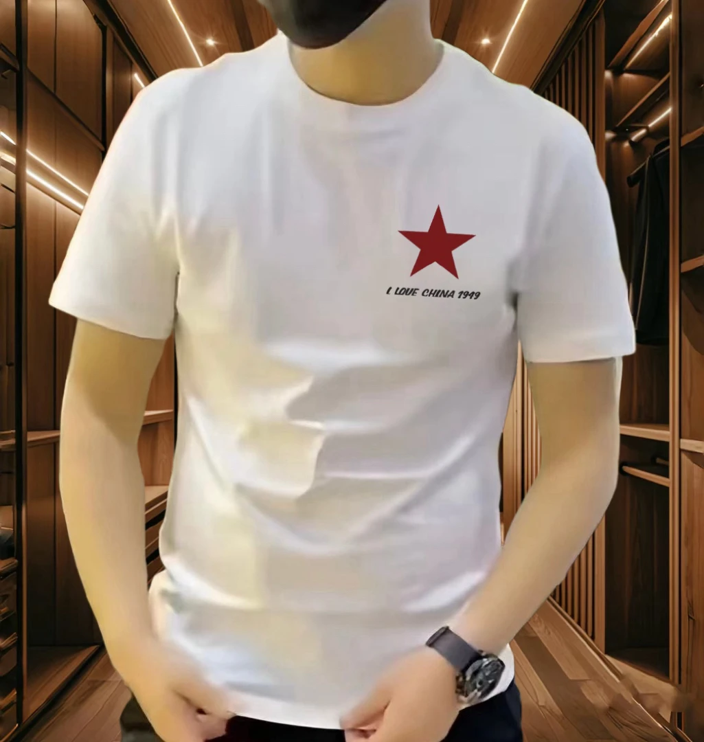 夏季新款民族风五星中国印花短袖t恤男士修身圆领棉质半袖体恤衫