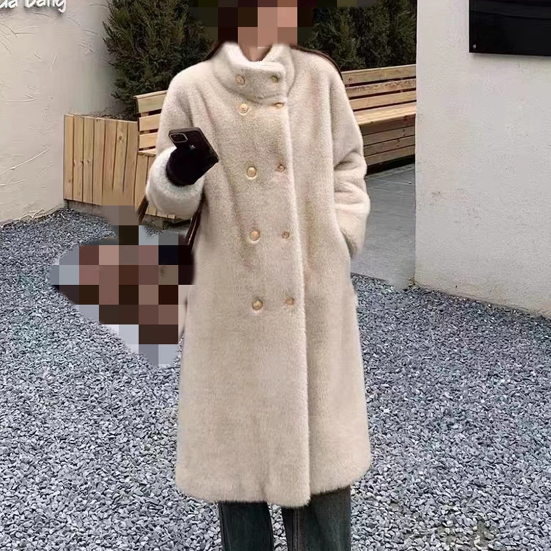 【萝宁青】小个子秋冬时尚气质中长款加厚保暖皮毛一体女毛呢外套