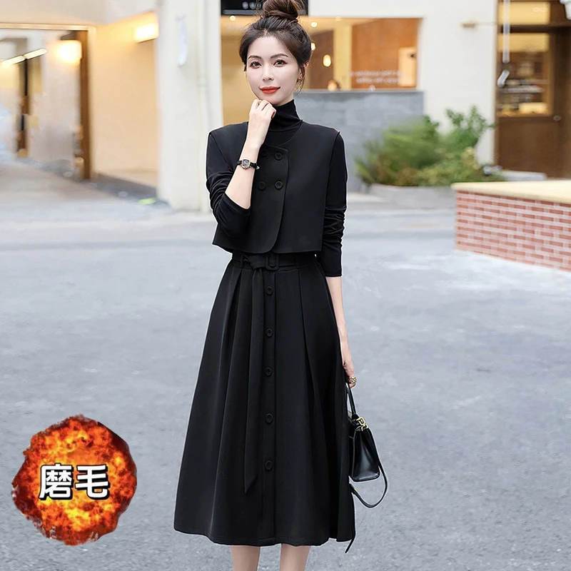 长袖马甲中长款女神范7882初春三件套气质洋气高级感法式连衣裙