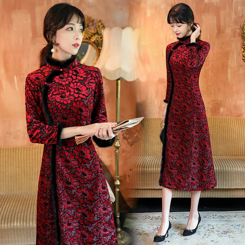 喜妈妈婚姻装中国风旗袍加厚显瘦时尚婚礼敬酒服连衣裙复古礼服裙