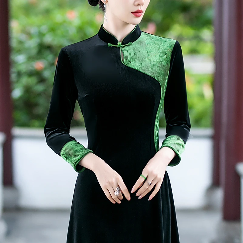 秋冬旗袍加厚国风2024新款老上海高贵夫人妈妈日常长款丝绒连衣裙