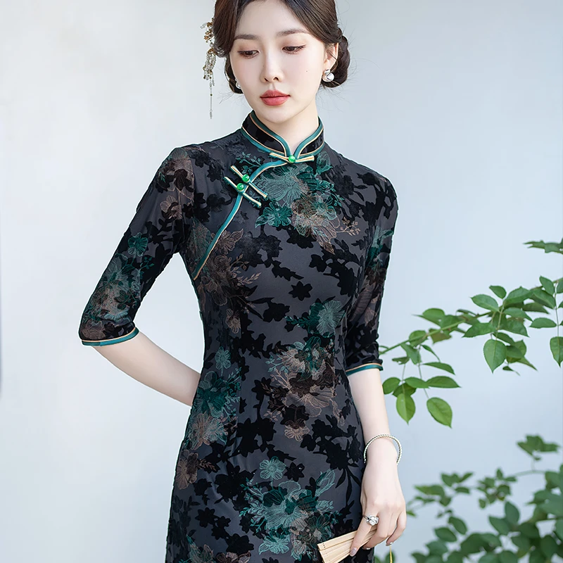 高档大码妈妈装七分袖中国风改良旗袍显瘦时尚薄款日常礼服连衣裙