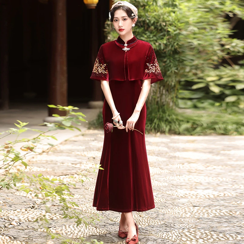 妈妈装两件套高档喜婆婆喜妈妈婚宴敬酒服礼服秋冬红色连衣裙女装