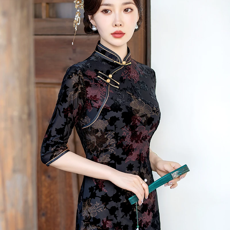 大码日常休闲中式旗袍显瘦复古优雅中国风走秀礼服连衣裙薄款