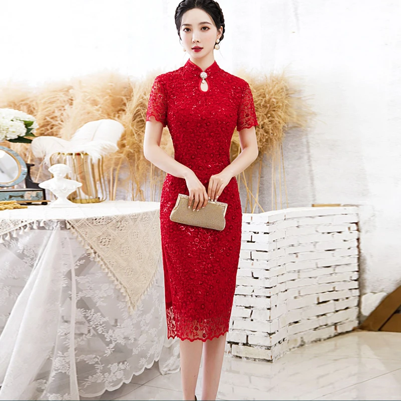 旗开得胜款红色旗袍妈妈装敬酒服订婚喜婆婆礼服婚宴蕾丝送考夏季