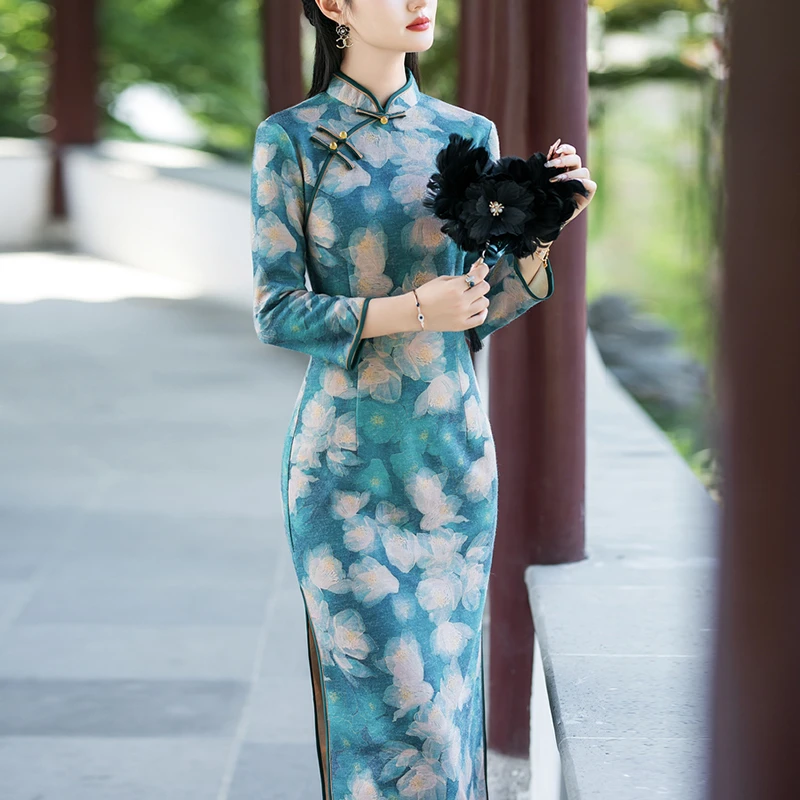改良旗袍2024新款秋装高端修身显瘦优雅气质开叉老上海民国七分袖