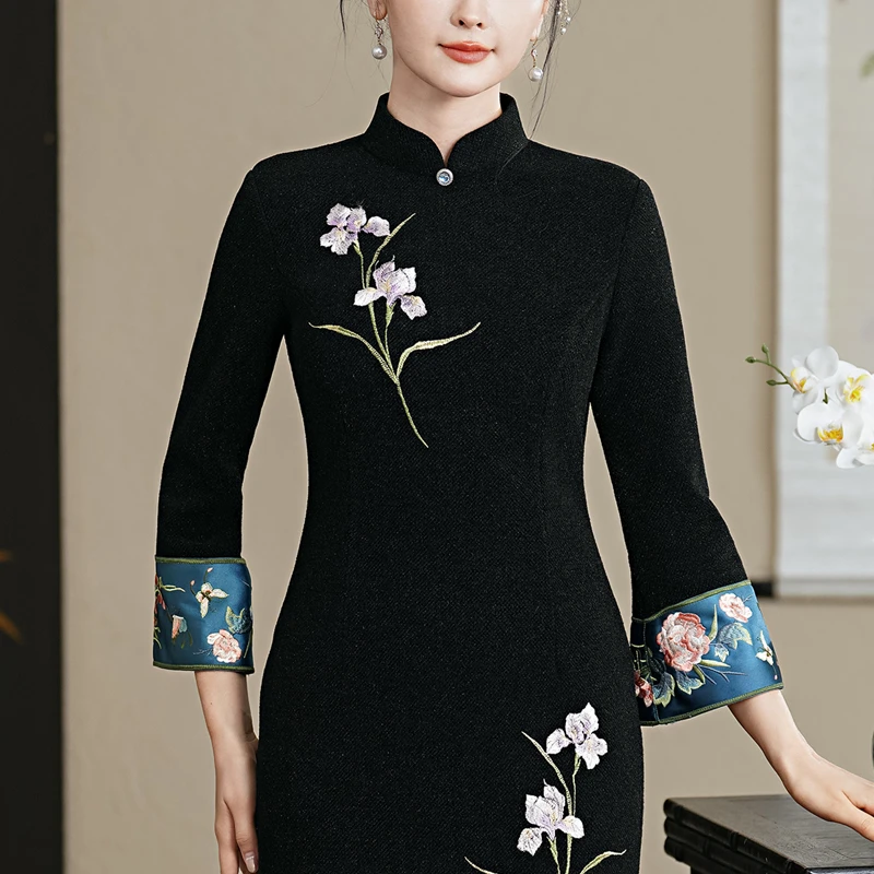 秋冬旗袍加厚国风2024新款复古高贵日常气质老上海优雅中式连衣裙