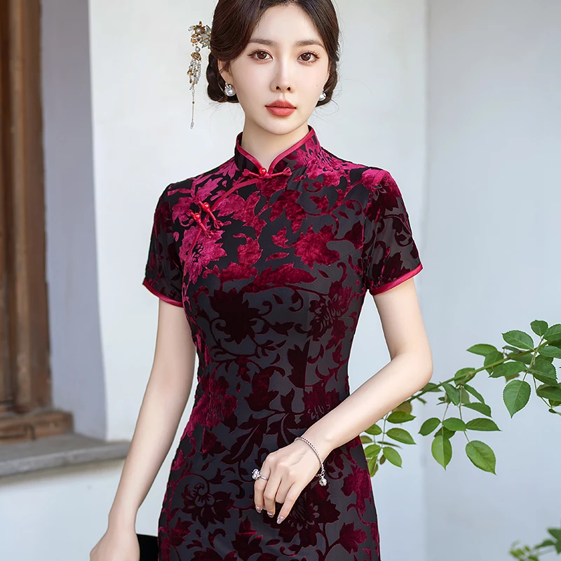 中国风旗袍复古中长款修身日常优雅新中式走秀礼服连衣裙夏季2025