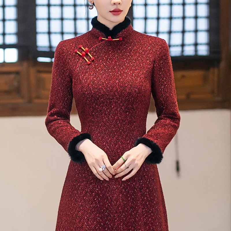秋冬旗袍红色日常加厚国风2024新款老上海水貂绒贵夫人妈妈连衣裙