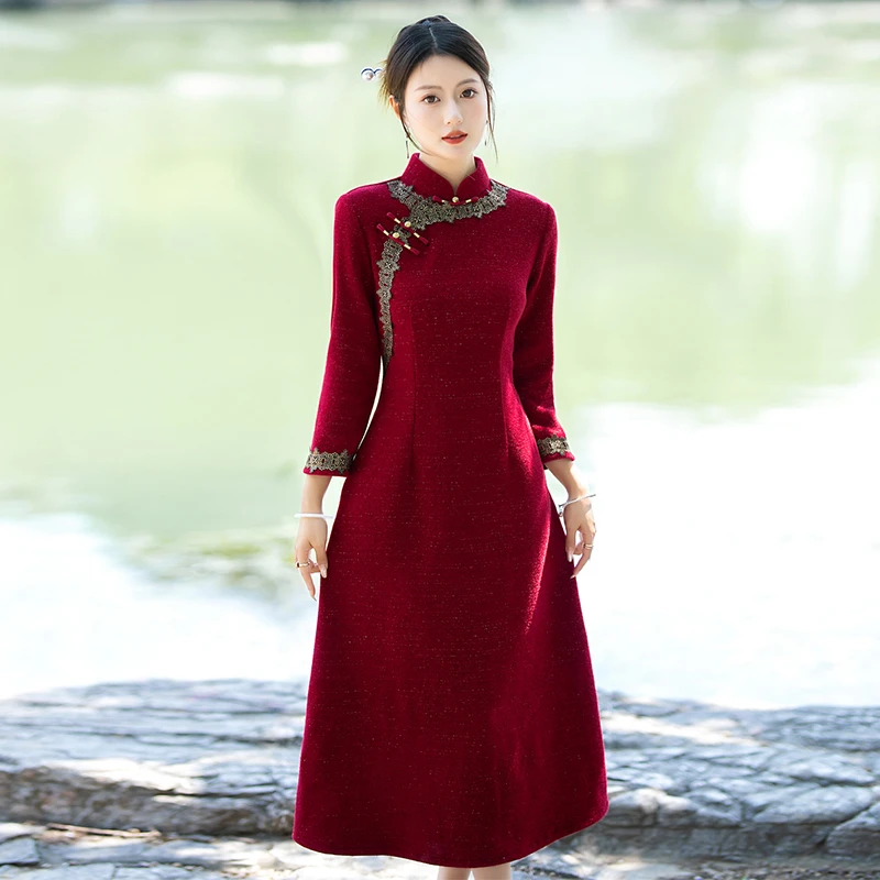 70后喜婆婆婚礼旗袍敬酒服婚宴妈妈装红色礼服裙平时优雅连衣裙