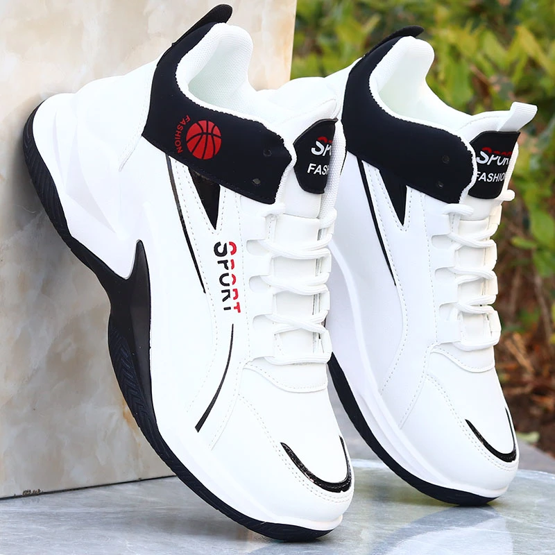 高帮鞋男2024新款皮面防水篮球鞋学生防臭软底鞋增高运动休闲鞋子