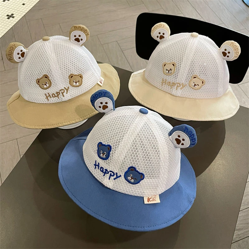 宝宝帽子夏季网眼透气可爱小熊儿童渔夫帽男女童婴幼儿遮阳防晒帽