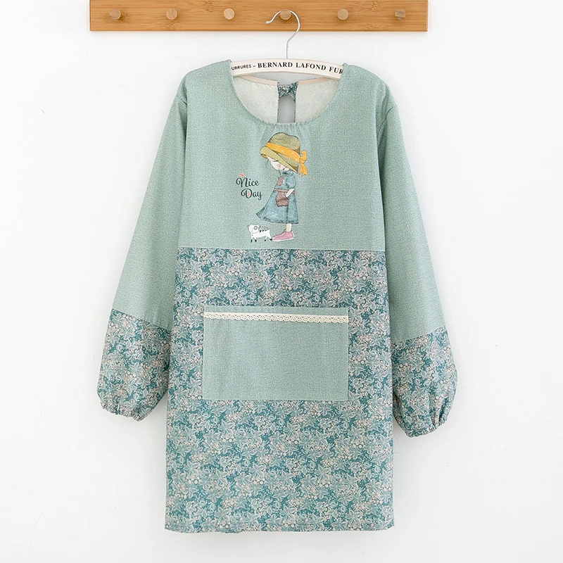 厨房上班做饭围裙女做饭罩衣长袖棉布防油工作服可爱韩版洋气年轻