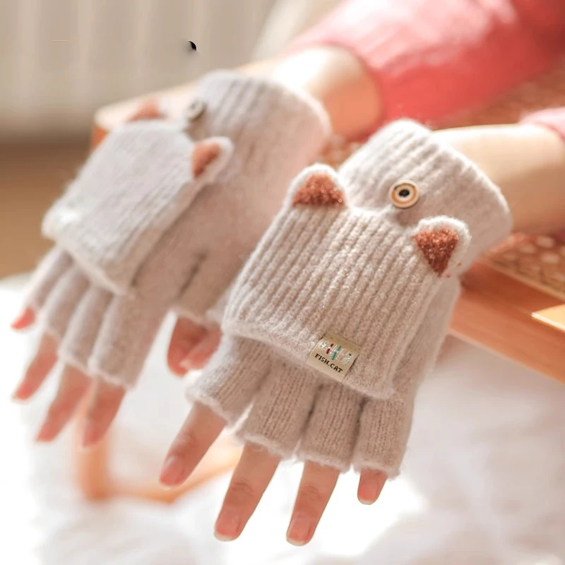 手套女士冬季学生翻盖冬天加厚针织防寒防冻骑行可爱半指保暖手套