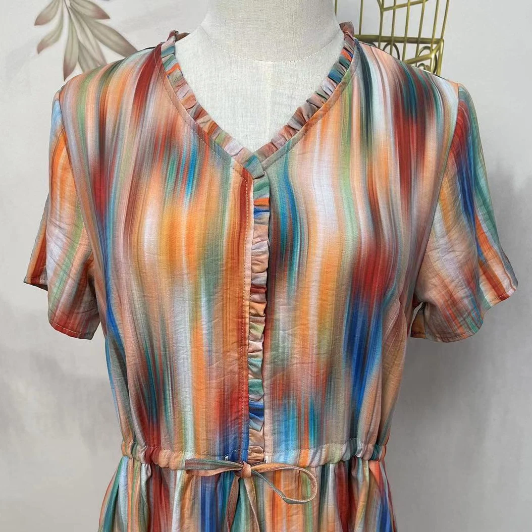 【绒兰】夏季木耳花边天丝苎麻连衣裙 33号 彩虹