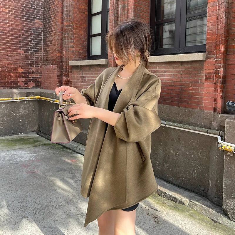 双面羊绒系腰带设计感气质女不规则领小个子宽松韩版短款羊绒大衣