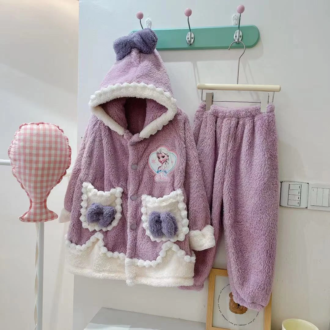 棉TZ-粉紫爱莎卡通睡袍家居服套装