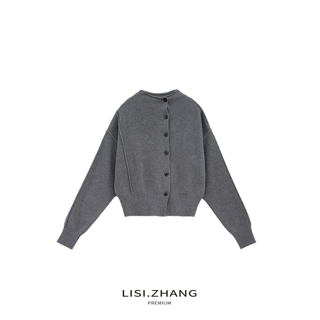 LISI.ZHANG--【斜门襟开衫】圆领蝙蝠型设计感宽松纯色针织开衫上衣