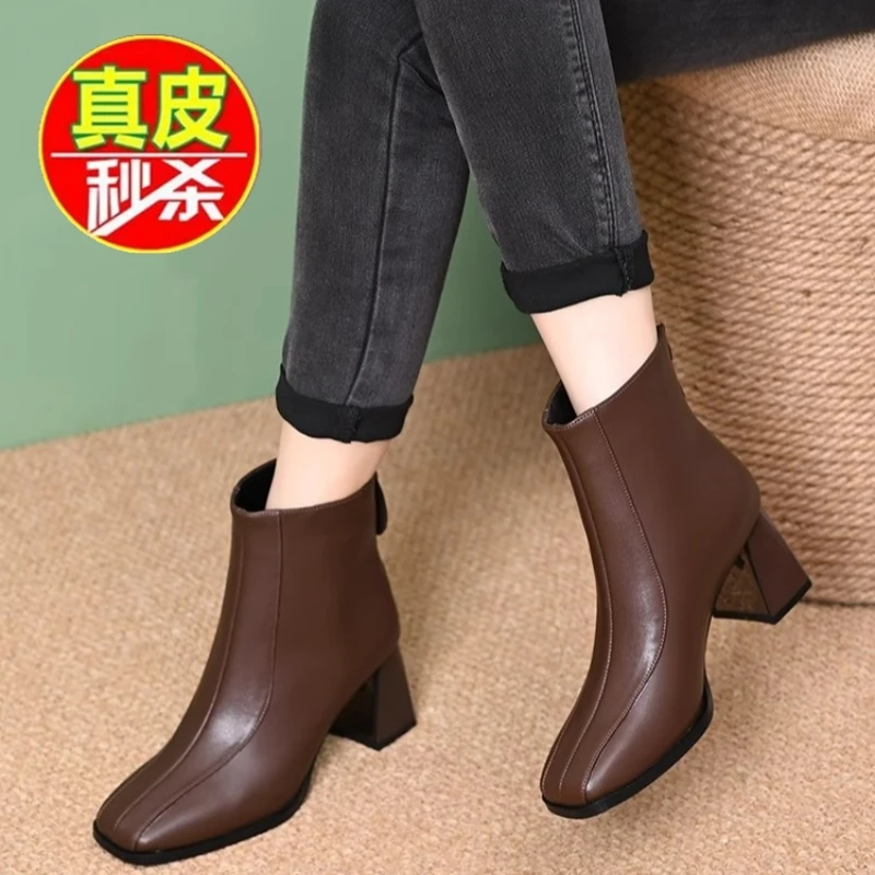 法式复古真皮后拉链高跟短靴女2024新款秋冬单靴粗跟方头瘦瘦靴子