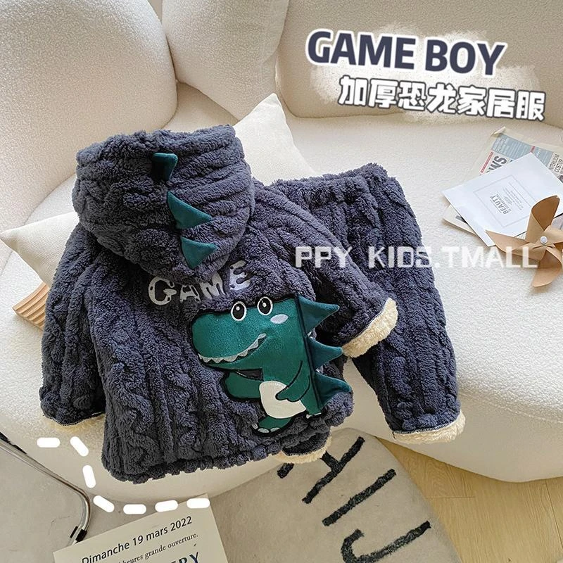 2023网红新款宝宝睡衣女童韩版男童睡衣冬款加厚三层卡通儿童亲子