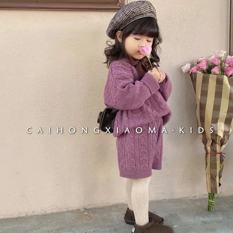 韩国童装女童春季麻花时尚加厚2023冬季婴儿6-12岁品牌毛绒女套装