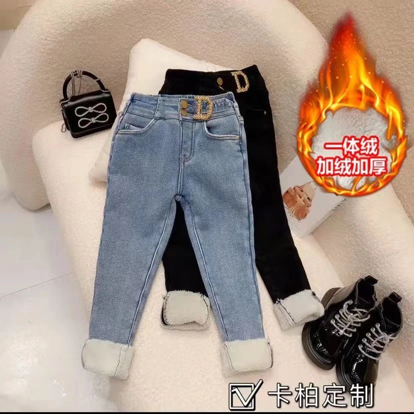 女童加绒牛仔裤一体洋气12小脚大童冬季新款韩版裤子6-12岁背带裤