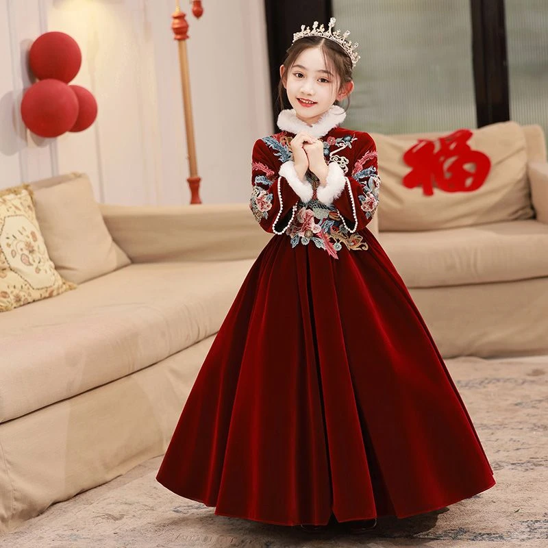 女童新年礼服红色公主加厚中国风儿童礼服公主裙周岁礼服冬季服装