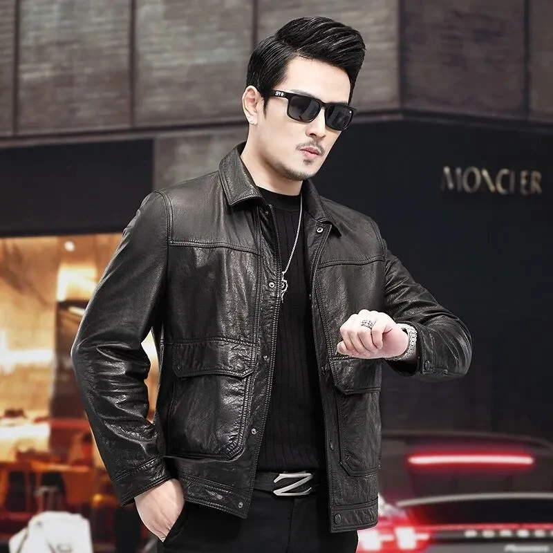 海宁新款真皮皮衣男士短款皮夹克休闲潮牌帅气百搭机车皮衣外套