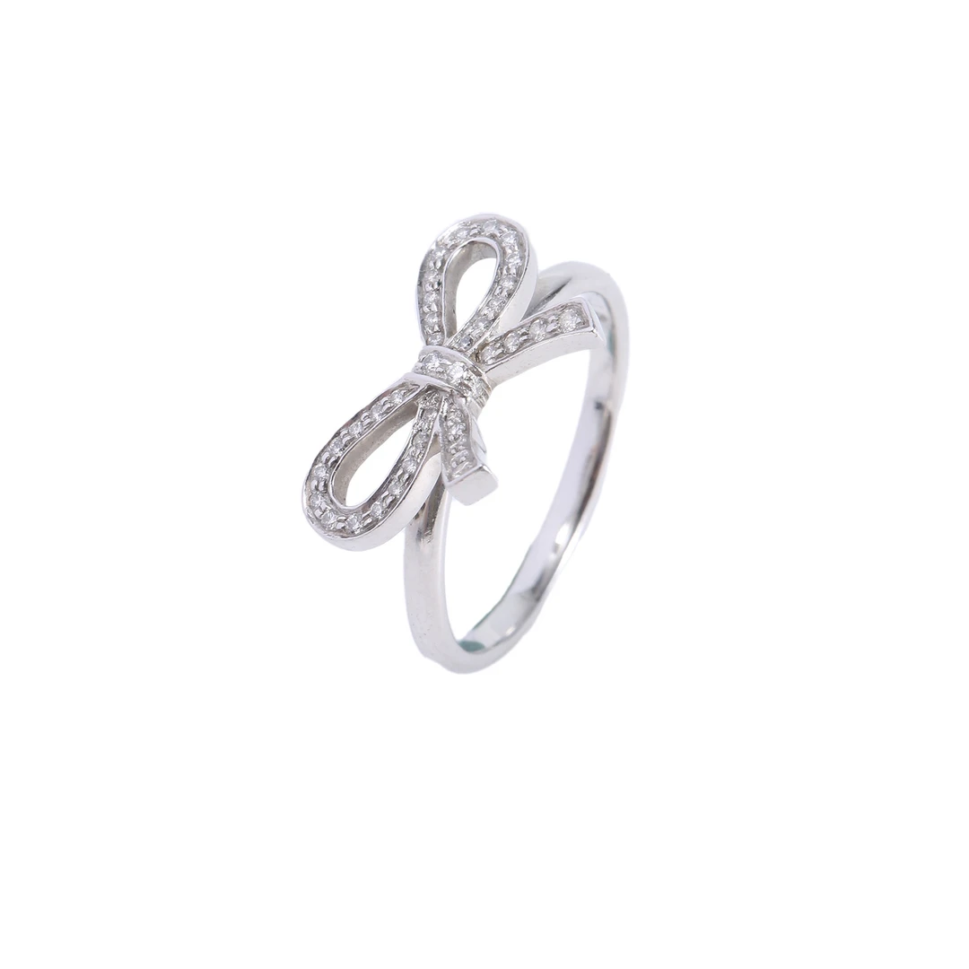 99新 Tiffany & Co./蒂芙尼 小花6珊 蝴蝶结 满钻 戒指 白金