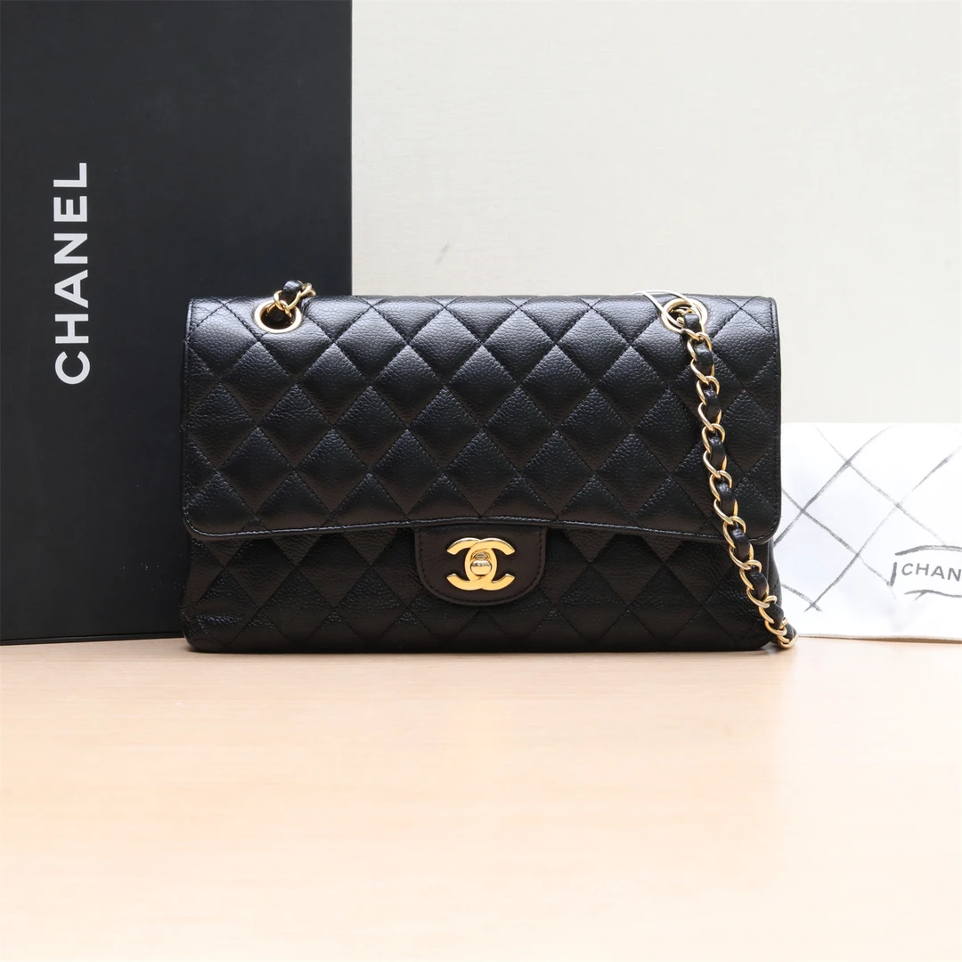 95新 Chanel/香奈儿 小花双双 CF 口盖包 中号 黑色 荔枝皮革C
