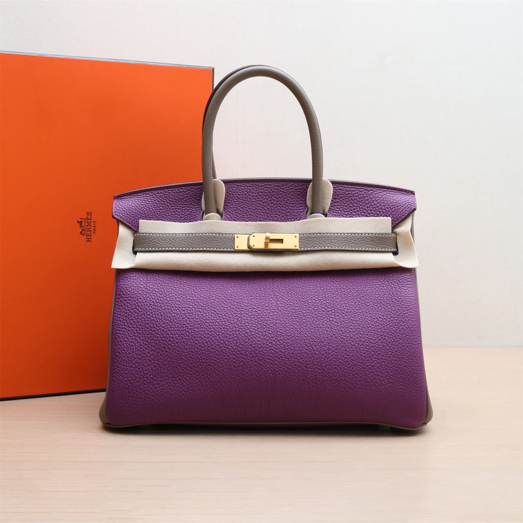 95新 Hermes/爱马仕 小花双双 Birkin30 大象灰海葵紫 Togo皮 A刻