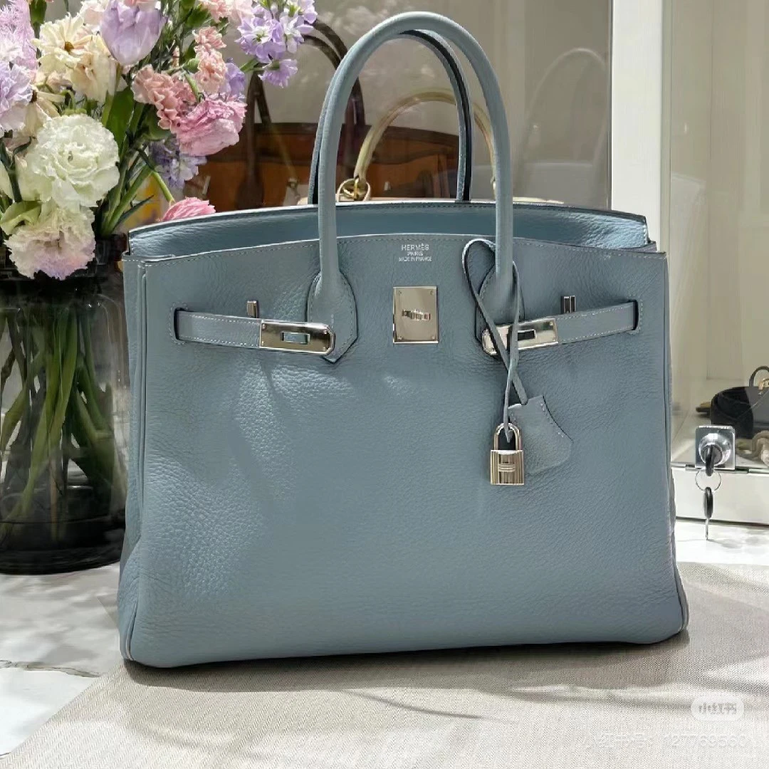 99新 Hermes/爱马仕 黑黑精选 Birkin 35 亚麻蓝togo皮 框M银扣包