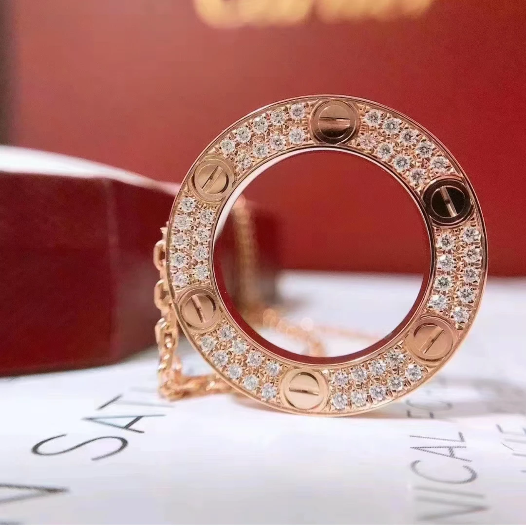 99新 Cartier/卡地亚 闲置小花6珊LOVE圆饼满钻项链18K玫瑰金21年