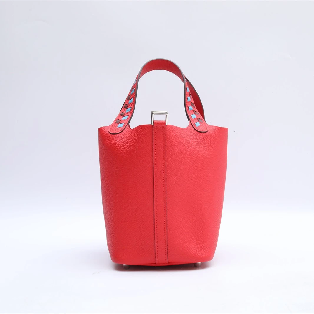 99新 Hermes/爱马仕 小花攀攀18 菜篮子 心红色 Epsom皮 Y刻 银扣