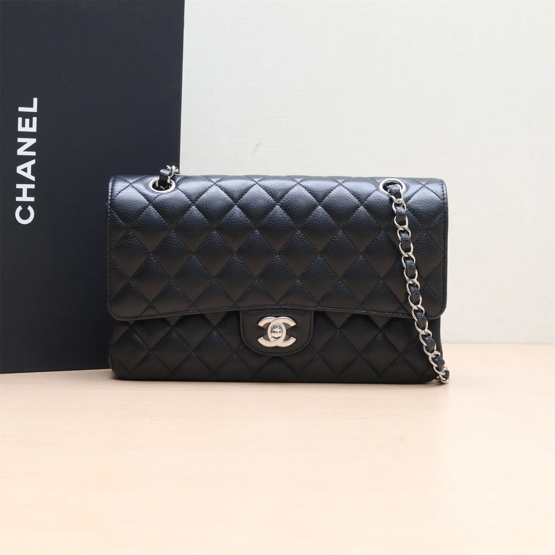 99新 Chanel/香奈儿 小花攀攀CF 中号 25.5cm 黑色 皮革C 29开 银