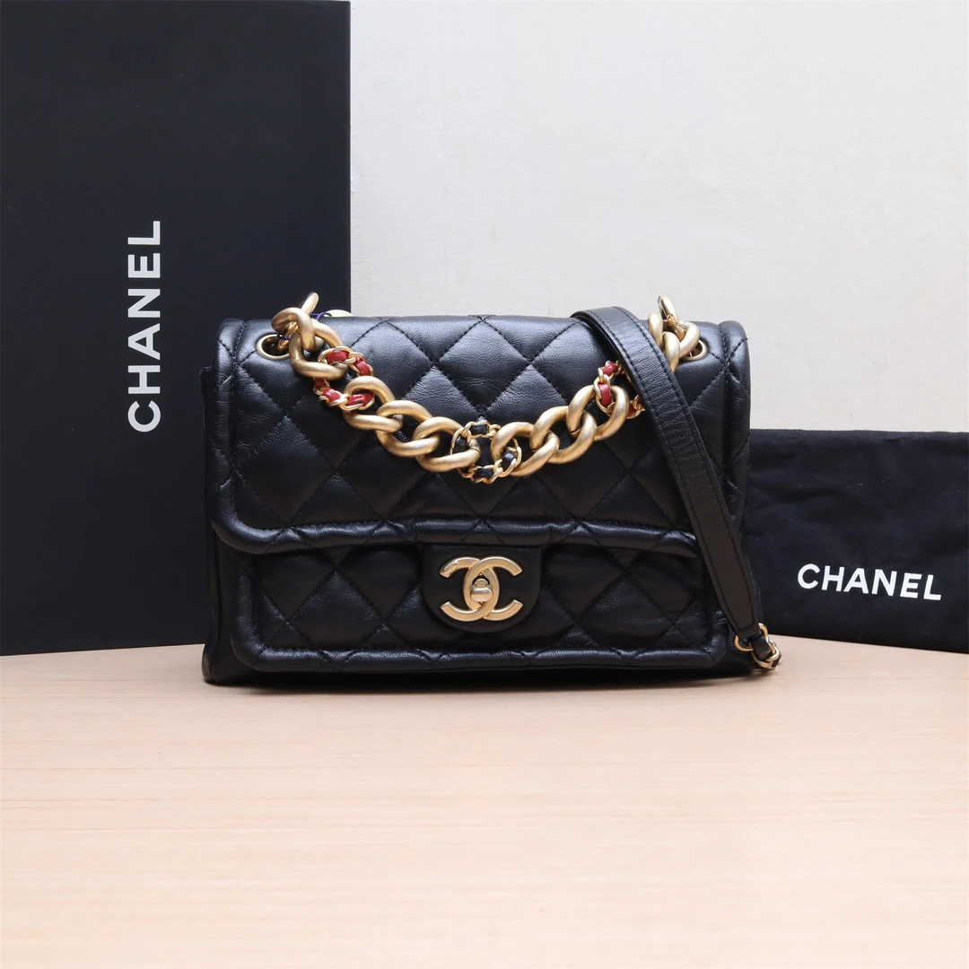 95新 Chanel/香奈儿 小花双双 豆腐包 20cm 黑色 皮革S 28开