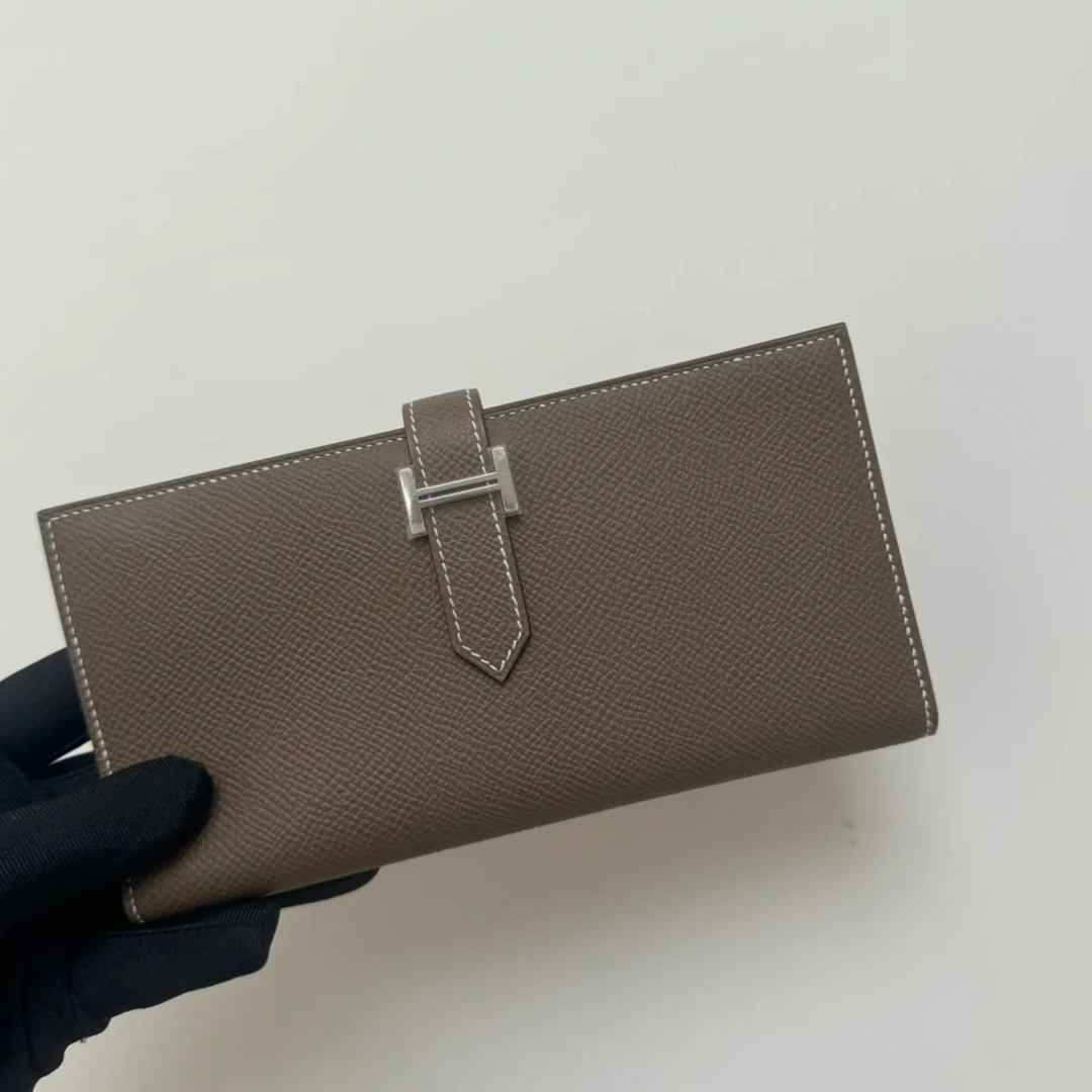 99新 Hermes/爱马仕 小花6珊 爱马仕 大象灰 长款钱包 Ep皮 银扣