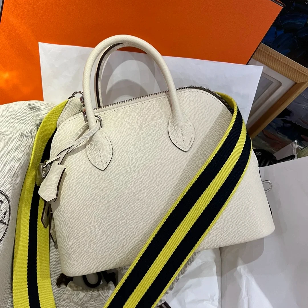 99新 Hermes/爱马仕 小花攀攀保龄球包 25 奶油白 银扣 U刻编织款