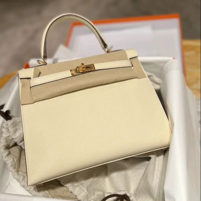 99新 Hermes/爱马仕 小花6珊 Kelly 25 I2奶油白 Ep皮 Z刻 金扣宝