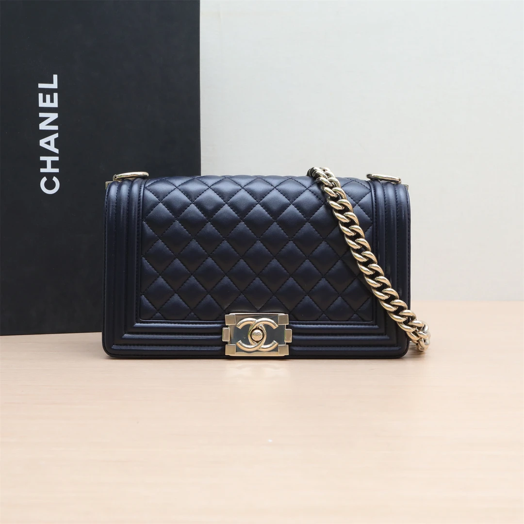 95新 Chanel/香奈儿 小花双双 Leboy 中号 墨蓝色 皮革S